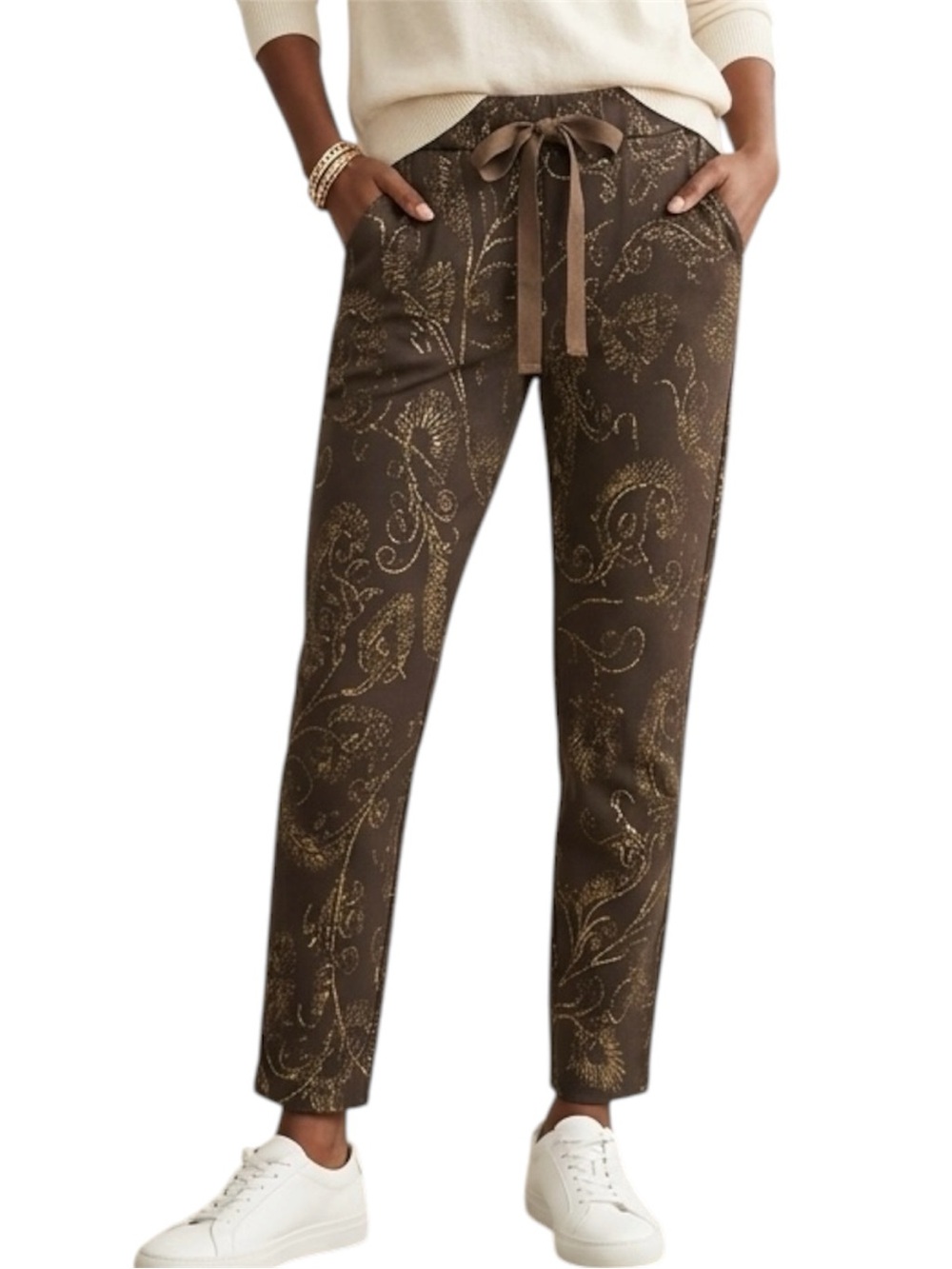 Elissia Brown & Gold Paisley Print Pull On Jogger Style Trousers Size Medium